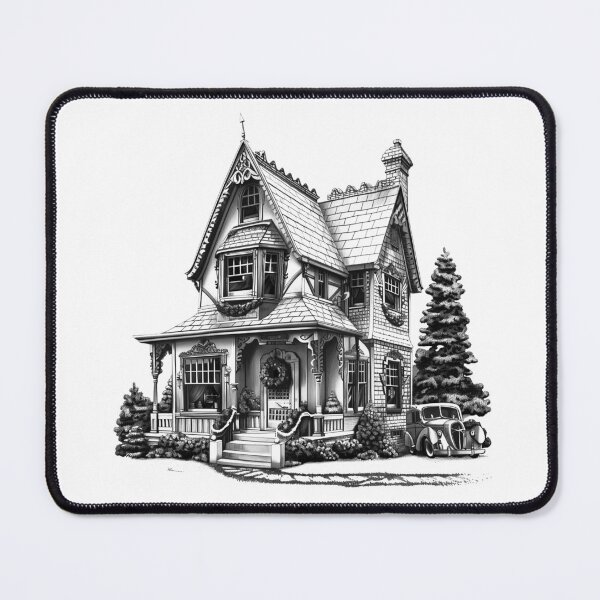 Item preview, Vintage Christmas House with Wreath – Black and White Holiday Illustration designed and sold by inkoutninja.