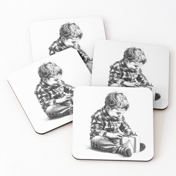Item preview, Child Opening Christmas Gift – Black and White Holiday Illustration designed and sold by inkoutninja.