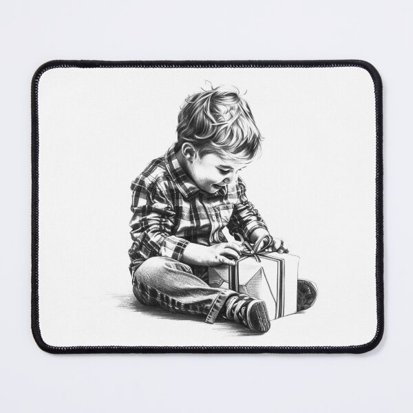 Item preview, Child Opening Christmas Gift – Black and White Holiday Illustration designed and sold by inkoutninja.
