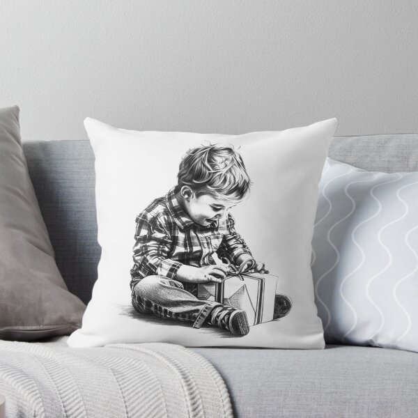 Item preview, Child Opening Christmas Gift – Black and White Holiday Illustration designed and sold by inkoutninja.