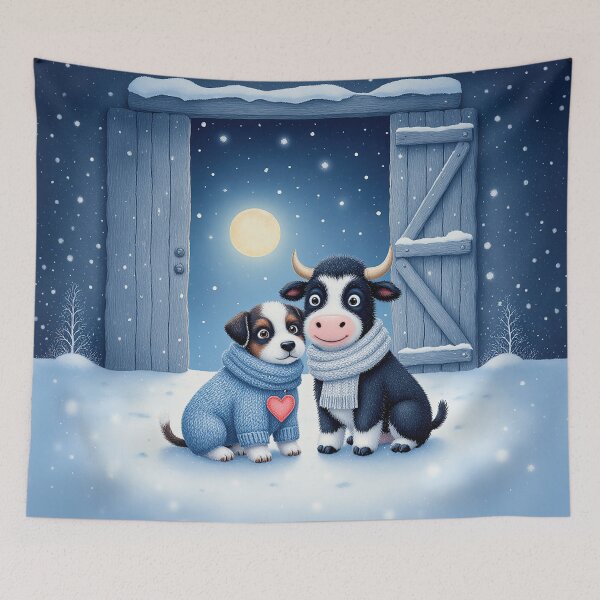 Item preview, Snowy Moonlight Friends – Whimsical Calf and Puppy in Winter designed and sold by Whimsical Hug.
