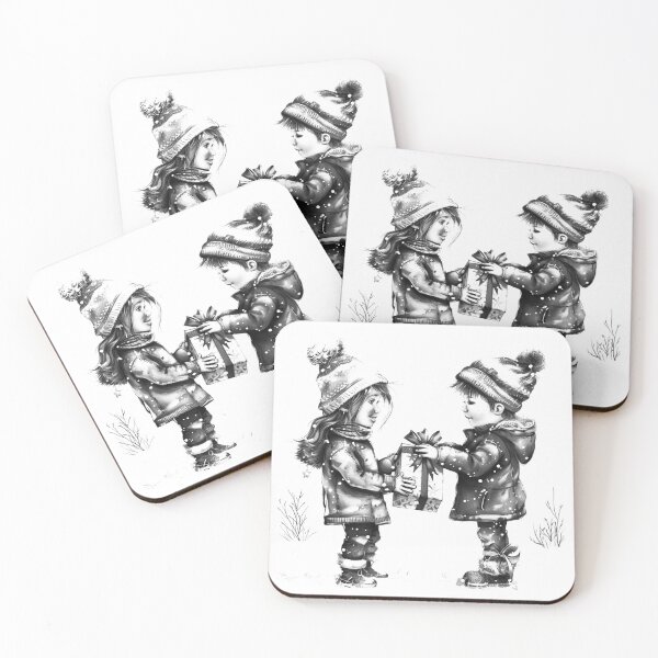 Item preview, Children Exchanging Christmas Gift – Black and White Holiday Illustration designed and sold by inkoutninja.
