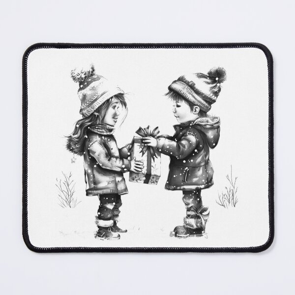 Item preview, Children Exchanging Christmas Gift – Black and White Holiday Illustration designed and sold by inkoutninja.