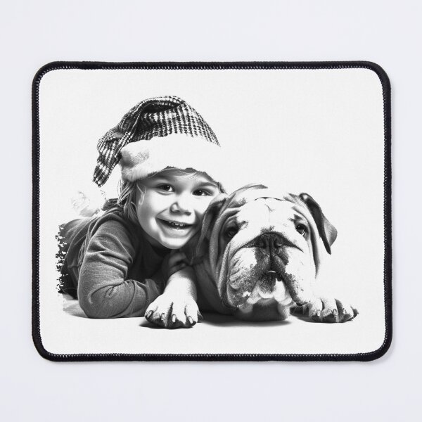 Item preview, Child and Bulldog in Santa Hat – Black and White Christmas Portrait designed and sold by inkoutninja.