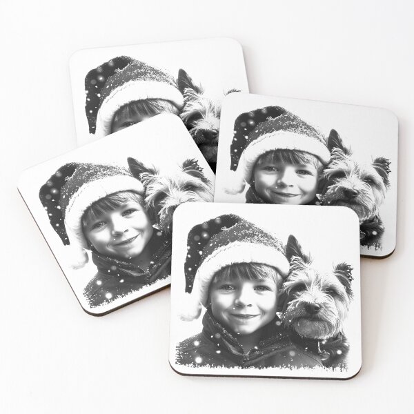 Item preview, Smiling Child and Dog in Snow – Black and White Christmas Portrait designed and sold by inkoutninja.