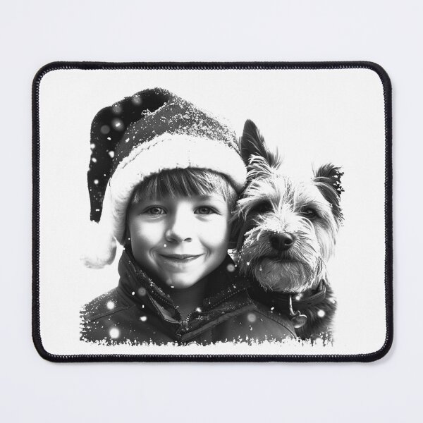 Item preview, Smiling Child and Dog in Snow – Black and White Christmas Portrait designed and sold by inkoutninja.