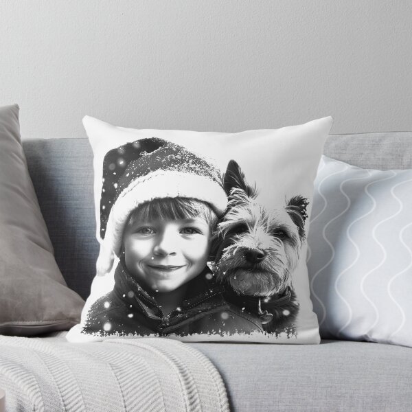 Item preview, Smiling Child and Dog in Snow – Black and White Christmas Portrait designed and sold by inkoutninja.
