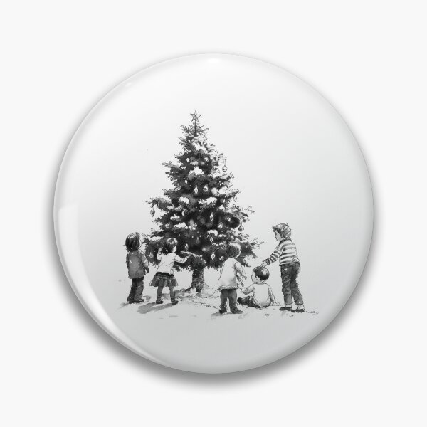 Item preview, Children Decorating Christmas Tree – Black and White Holiday Illustration designed and sold by inkoutninja.