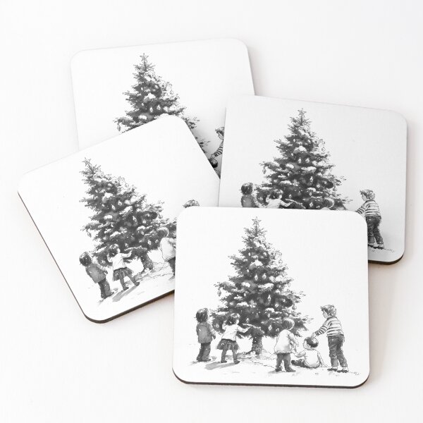 Item preview, Children Decorating Christmas Tree – Black and White Holiday Illustration designed and sold by inkoutninja.