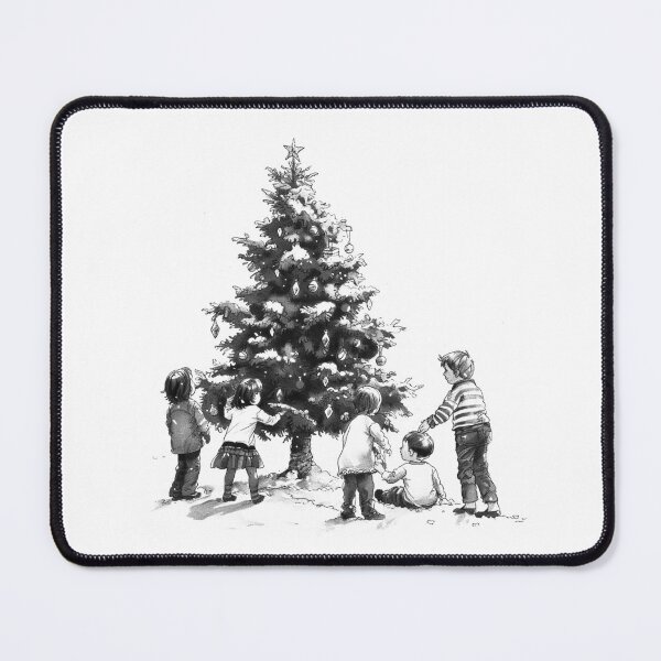 Item preview, Children Decorating Christmas Tree – Black and White Holiday Illustration designed and sold by inkoutninja.