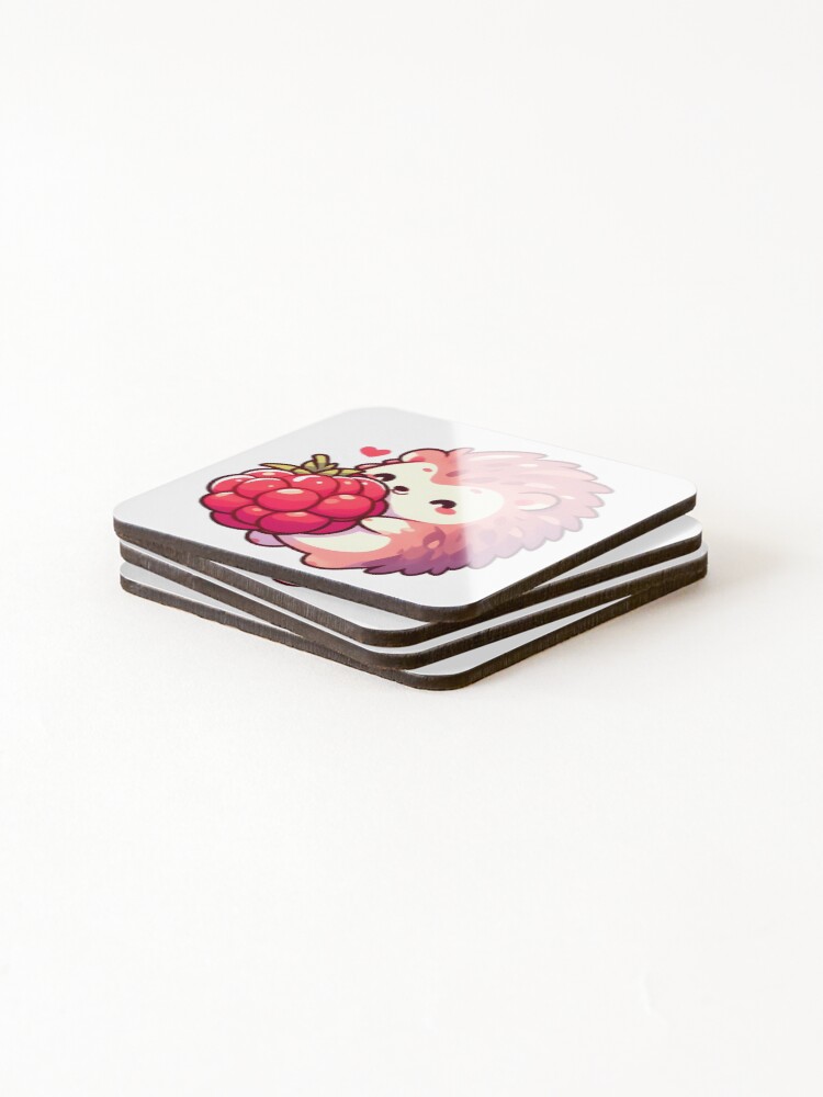 Thumbnail 4 of 5, Coasters (Set of 4), Cute Hedgehog with Raspberry designed and sold by PixelAIStudio.
