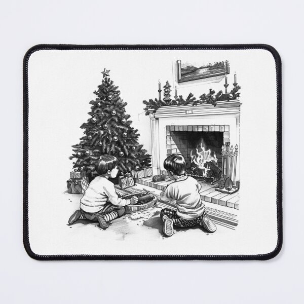 Item preview, Children by Fireplace and Christmas Tree – Black and White Holiday Illustration designed and sold by inkoutninja.
