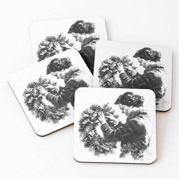 Item preview, Woman Decorating Christmas Wreath – Black and White Holiday Illustration designed and sold by inkoutninja.