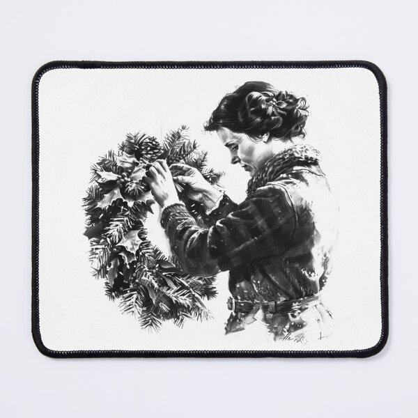 Item preview, Woman Decorating Christmas Wreath – Black and White Holiday Illustration designed and sold by inkoutninja.