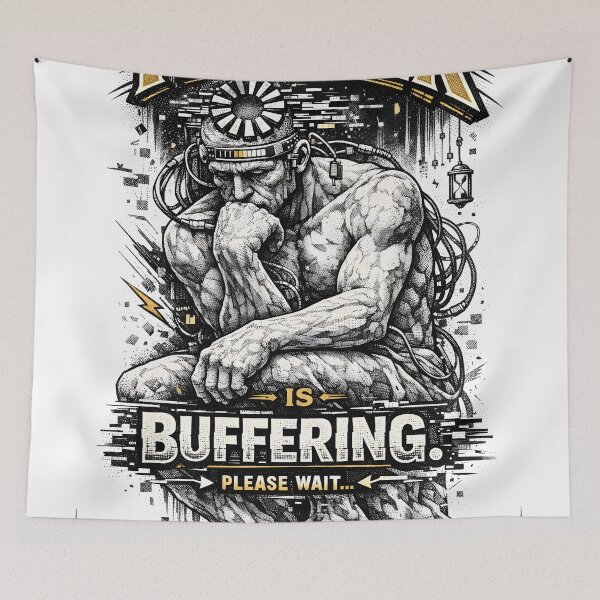 Item preview, The Thinker is Buffering Digital Philosophy Stipple Art | Modern Tech Humor Cyberpunk Statue Aesthetic Typography Design by Vivaan Studio designed and sold by Vivaan Studio.