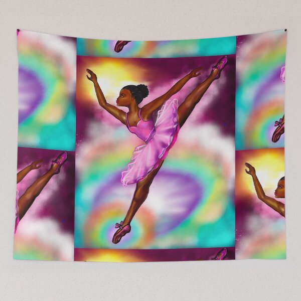 Item preview, african American  ballerina with corn rows and tie dye background   ! beautiful  black girl with Afro hair and dark brown skin wearing a pink tutu designed and sold by Artonmytee.