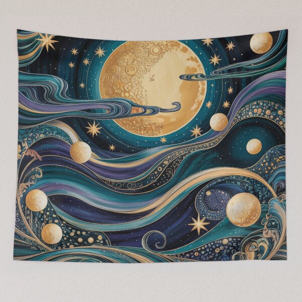 Item preview, Gustav Klimt Style Golden Moon and Stars | Art Nouveau Celestial Night Art designed and sold by Tamas Das.