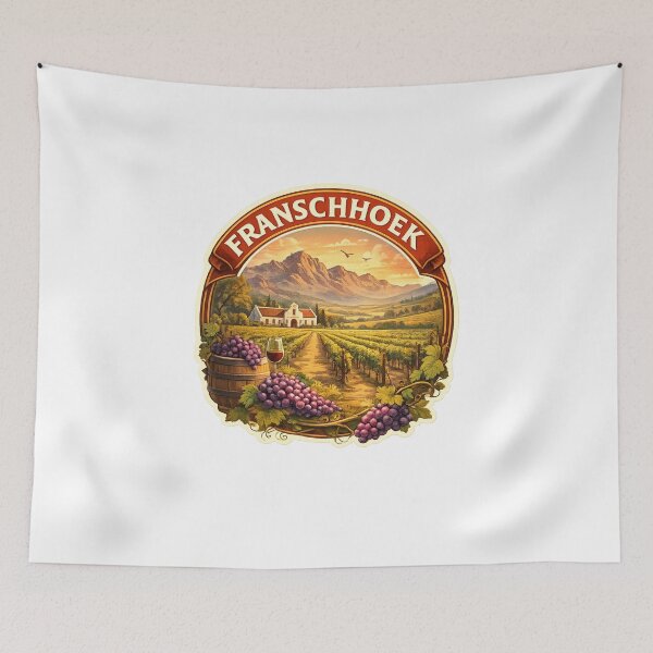 Item preview, Franschhoek South Africa – Wine Country Landscape with Vineyards and Historic Cellars beneath Cape Mountains designed and sold by Aryabek.