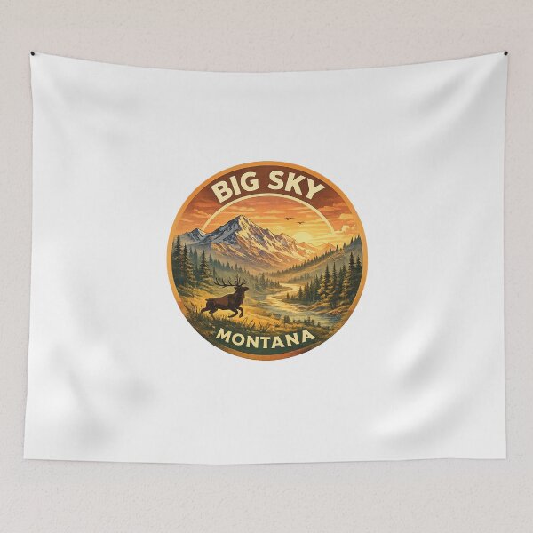 Item preview, Big Sky Montana USA – Sunset Over River Valley with Elk and Mountain Peaks near Yellowstone designed and sold by Aryabek.