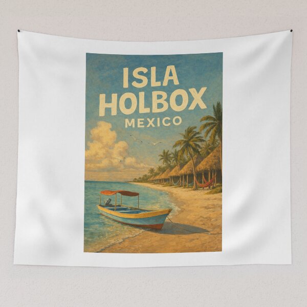 Item preview, Isla Holbox Mexico – Caribbean Island Escape with Palms, Hammocks and Rustic Fishing Boat on Yucatán Coast designed and sold by Aryabek.