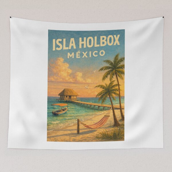 Item preview, Isla Holbox Mexico – Sunset Over Caribbean Waters with Palapa Pier and Beach Hammocks on Quintana Roo Island designed and sold by Aryabek.