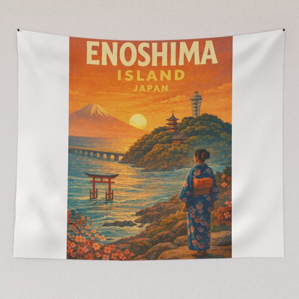 Item preview, Enoshima Island Japan – Kimono-Viewing Sunset Over Mount Fuji and Torii Gate from Kanagawa Coast designed and sold by Places On Earth.