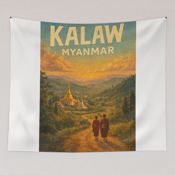 Item preview, Kalaw Myanmar – Buddhist Monks at Sunset in the Shan Hills with Pagodas and Mountain Townscape designed and sold by Places On Earth.