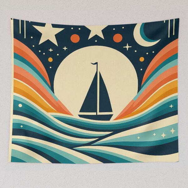 Aperçu de l'œuvre Voilier de nuit avec vagues en dégradé créée et vendue par InkSmithery.