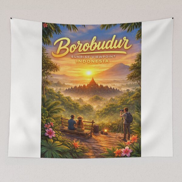 Item preview, Borobudur Sunrise Overlook – Magelang Buddhist Monument with Java's Mount Merapi in the Distance designed and sold by Places On Earth.