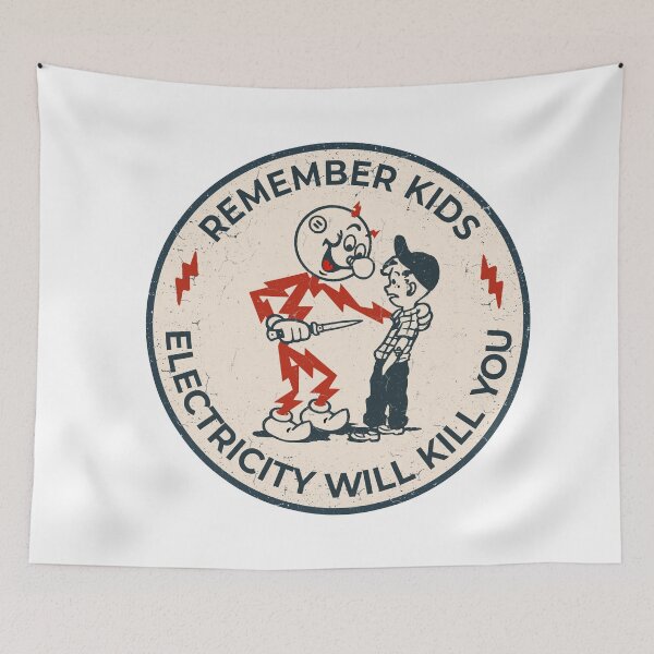 Item preview, Reddy Kilowatt vintage sparky, funny electrician, remember kids electricity will kill you, electric hazard warning, lineman hard hat  designed and sold by CharmedVille.