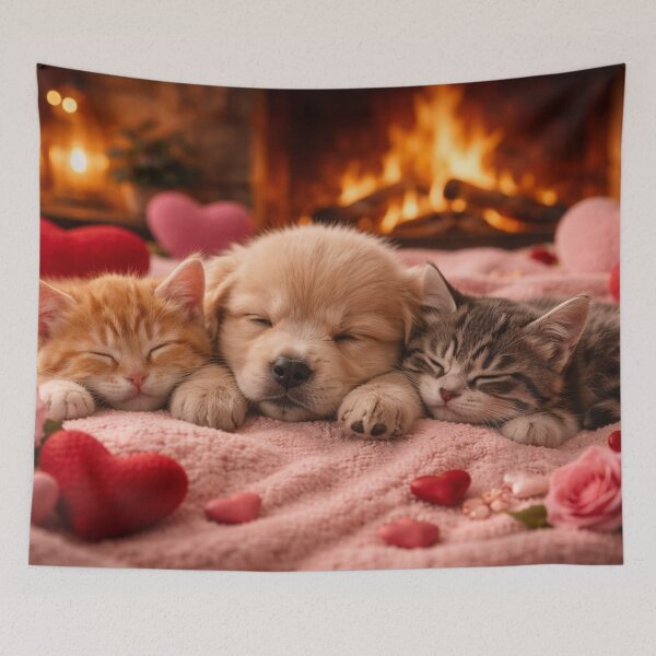 Item preview, Cuddling baby animals by a romantic fireplace on Valentine's Day designed and sold by Cerberus-Art.
