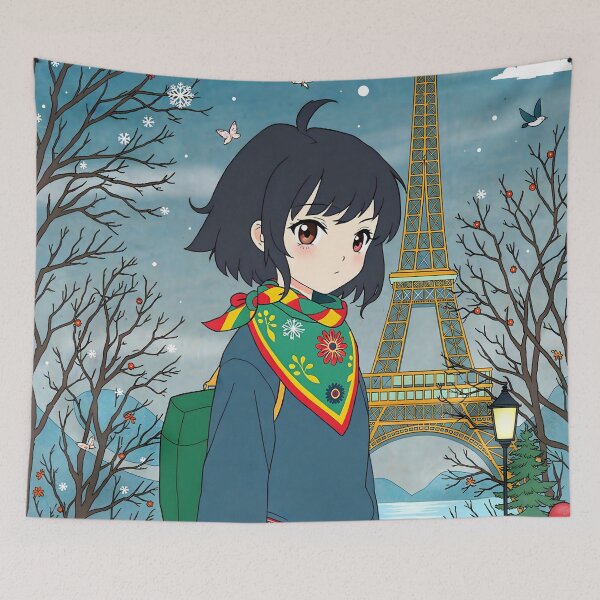 Item preview, Anime Girl at Eiffel Tower Winter - Paris France Scene designed and sold by Chibifaceneko.
