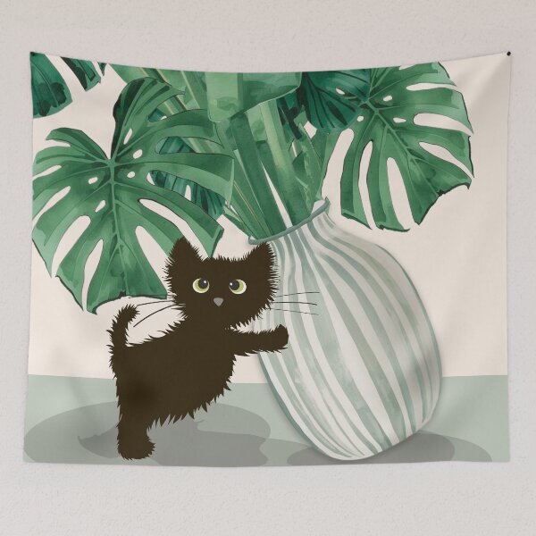 Item preview, Playful Cat with Monstera Vase designed and sold by FlowerFolie.