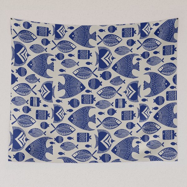Item preview, Scandinavian Blue Fish Seamless Pattern – Nordic Folk Art Coastal Ocean Design designed and sold by Retro Street Studios.