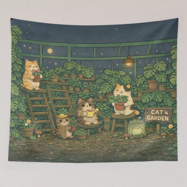Item preview, Cute Cat Garden Night Greenhouse Cozy Cottagecore, Kawaii Anime Cats designed and sold by CharmedVille.