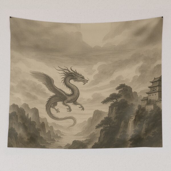 Item preview, traditional chinese ink dragon mountain landscape sepia pagoda castle misty river ancient mythology designed and sold by CharmedVille.