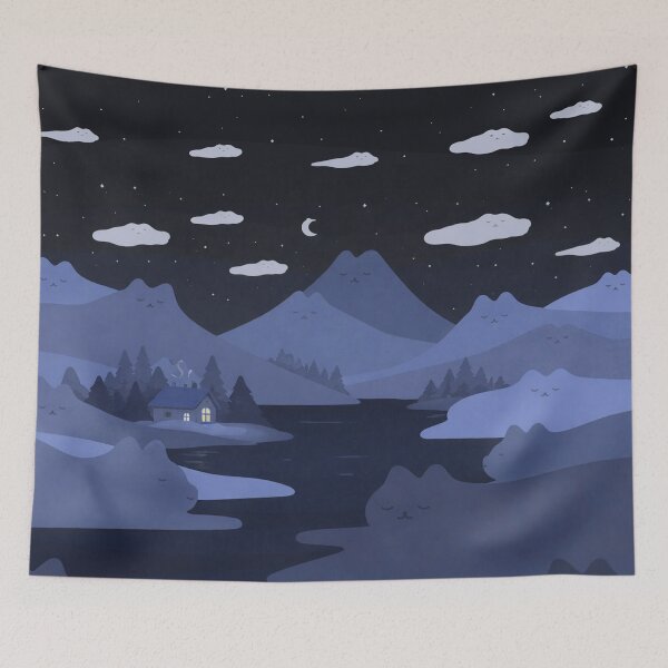 Item preview, Blue Mountain Night Landscape, Minimalist Lake Cabin, Starry Sky Mountains designed and sold by CharmedVille.