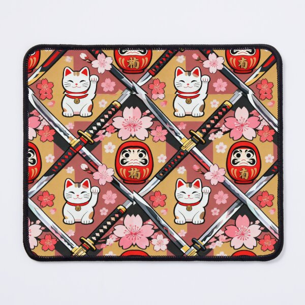 Item preview, cherry blossoms, katana swords, daruma dolls, lucky cats maneki-neko Pattern designed and sold by Akali Design.