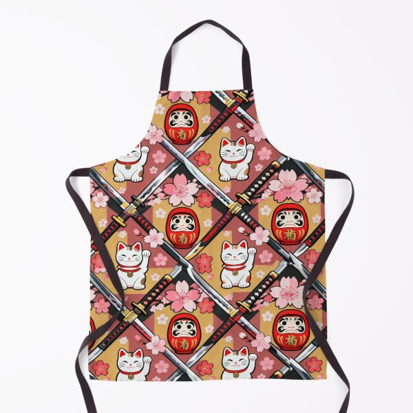 Item preview, cherry blossoms, katana swords, daruma dolls, lucky cats maneki-neko Pattern  designed and sold by Akali Design.