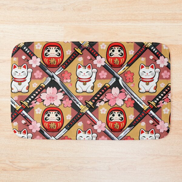 Item preview, cherry blossoms, katana swords, daruma dolls, lucky cats maneki-neko Pattern  designed and sold by Akali Design.