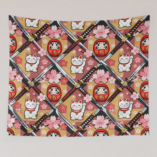 Item preview, cherry blossoms, katana swords, daruma dolls, lucky cats maneki-neko Pattern  designed and sold by Akali Design.