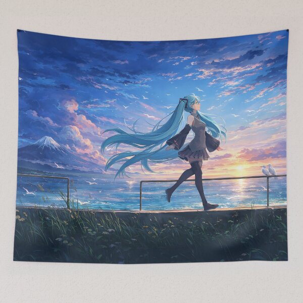 Item preview, Teal Twin Tail Anime Girl Sunset Seaside Scene Hatsune designed and sold by CharmedVille.