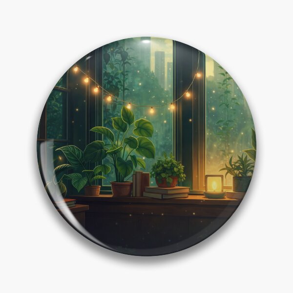 Item preview, Emerald Green Lofi Window Scene with Plants and City Skyline Glow designed and sold by CharmedVille.
