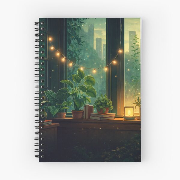 Item preview, Emerald Green Lofi Window Scene with Plants and City Skyline Glow designed and sold by CharmedVille.