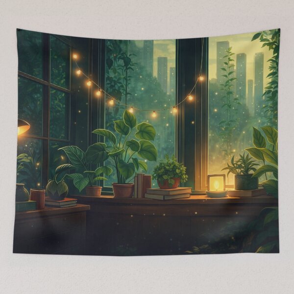Item preview, Emerald Green Lofi Window Scene with Plants and City Skyline Glow designed and sold by CharmedVille.