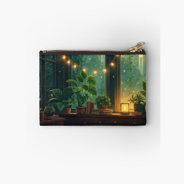 Item preview, Emerald Green Lofi Window Scene with Plants and City Skyline Glow designed and sold by CharmedVille.