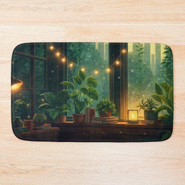 Item preview, Emerald Green Lofi Window Scene with Plants and City Skyline Glow designed and sold by CharmedVille.