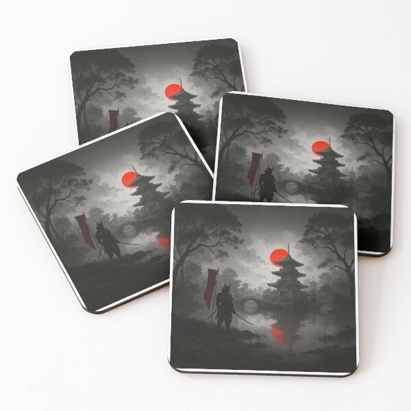 Item preview, Dark Samurai Temple Landscape with Red Sun and Misty Japan Skyline designed and sold by CharmedVille.