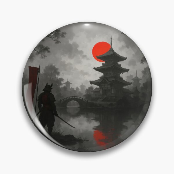 Item preview, Dark Samurai Temple Landscape with Red Sun and Misty Japan Skyline designed and sold by CharmedVille.