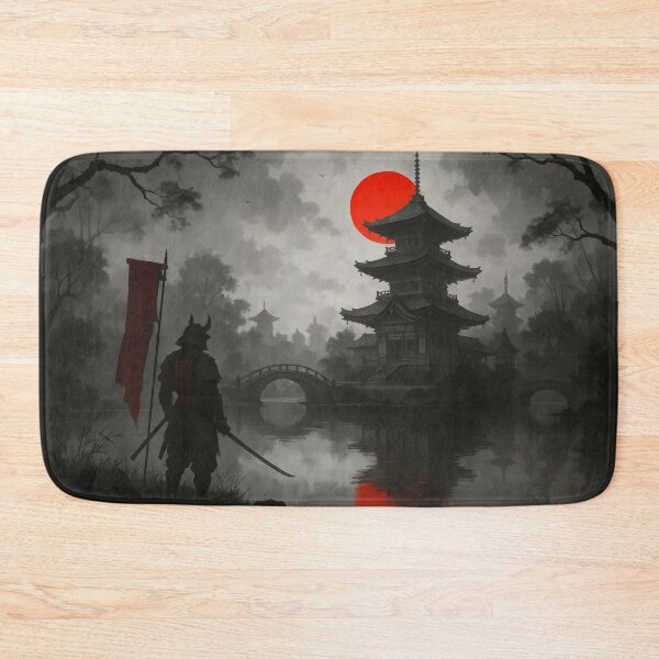 Item preview, Dark Samurai Temple Landscape with Red Sun and Misty Japan Skyline designed and sold by CharmedVille.